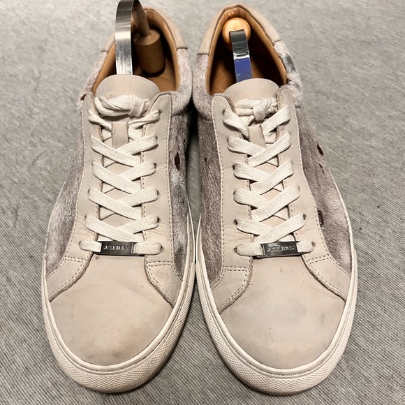 J/SLIDES Sz 9 Cream Leather & Silver Metallic Calfhair Sneakers Exc Cond - Picture 2 of 9